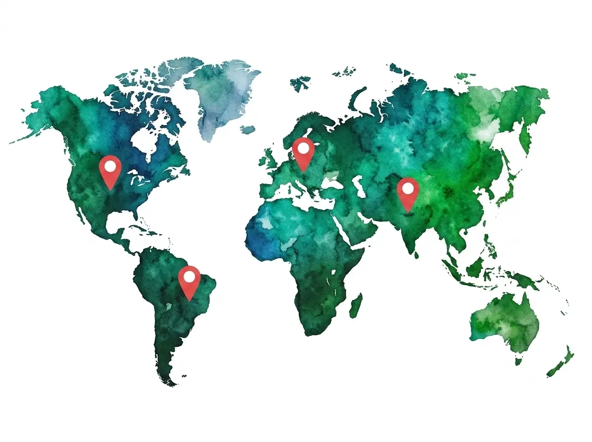 Watercolor world map highlighting hub cities