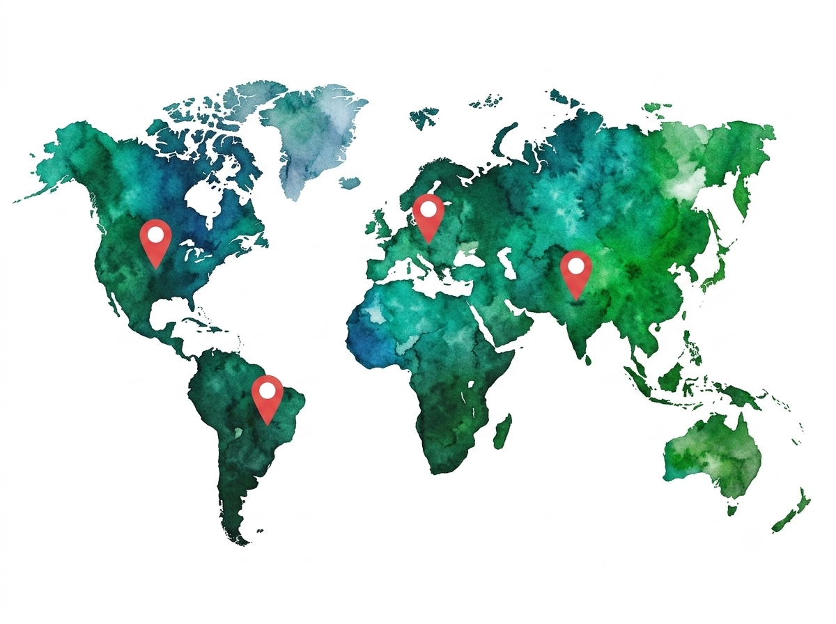 Watercolor world map highlighting hub cities